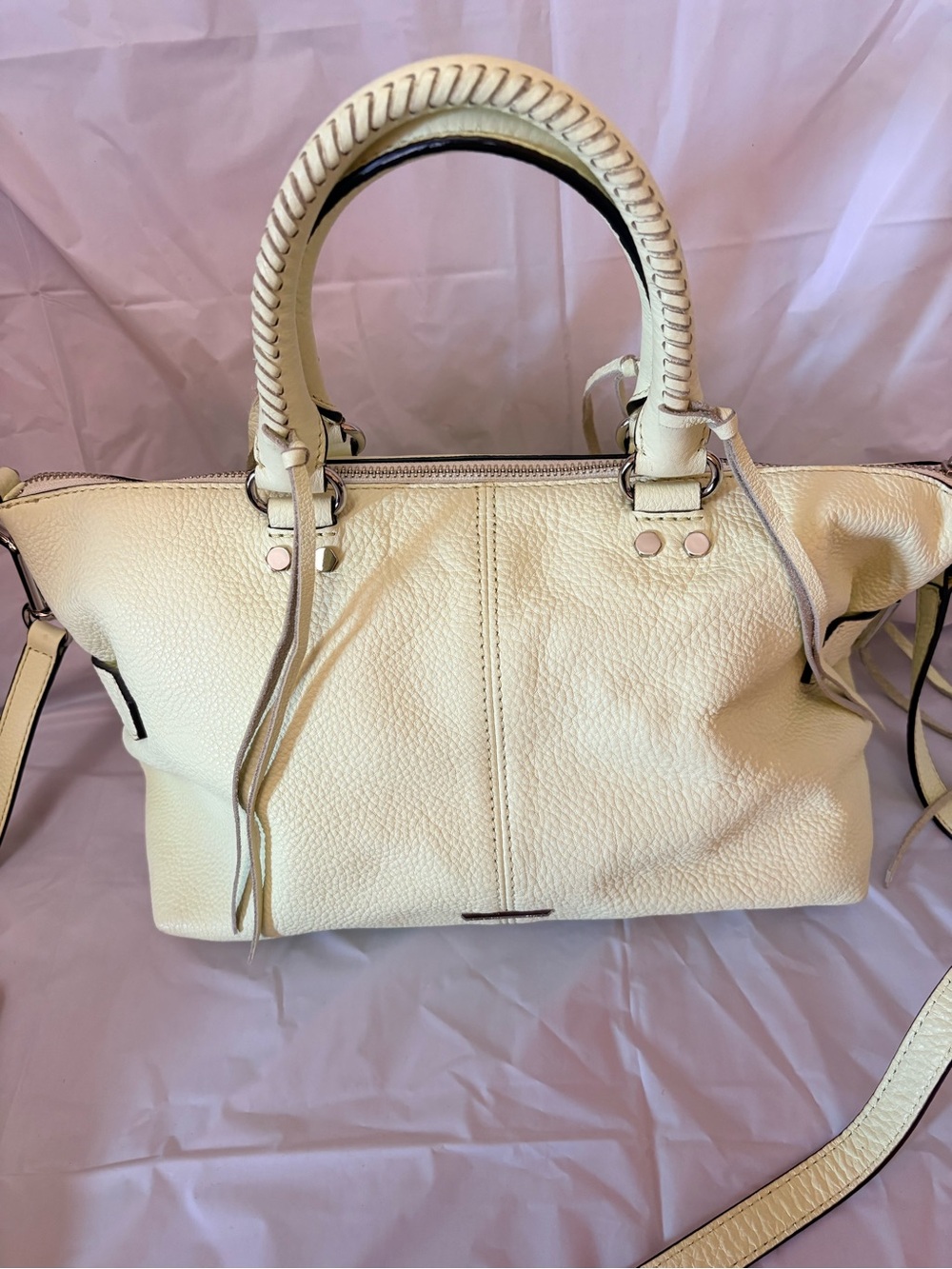 Rebecca Minkoff Leather Fringe Moto Satchel in Honey Dew - Picture 2 of 10